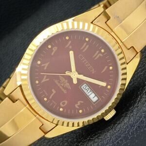 Vintage 1980 Citizen Automatic Mens Gold Watch W/daydate & Red accents